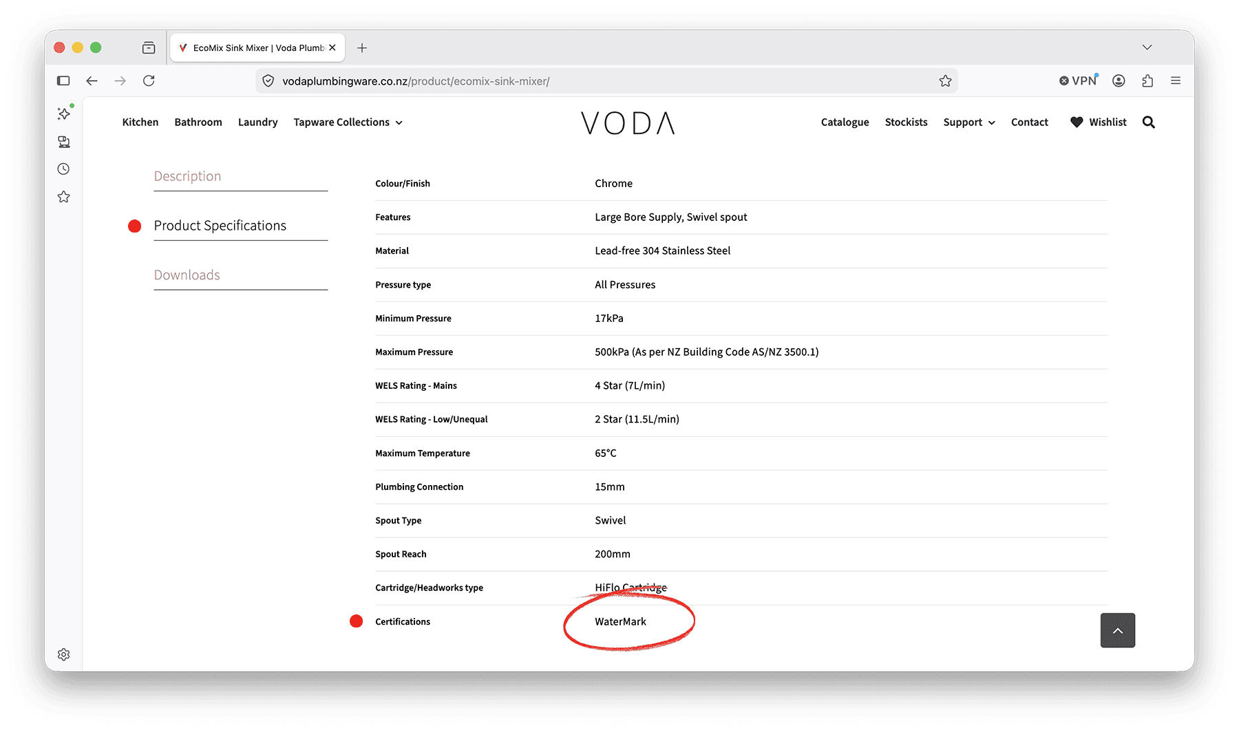 WaterMark-certification-on-Voda-product-page How to locate the WaterMark certification on Voda product pages